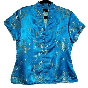 Tangyu Vintage Traditional Asian Chinese Turquoise Floral Satin Top Women's Med